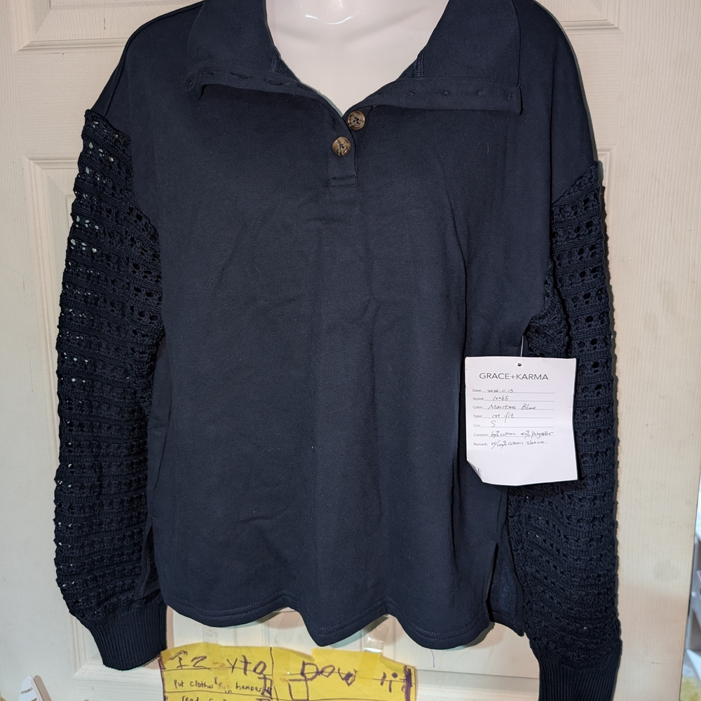 Grace+Karma Size Small Sweater with Crochet Sleeves Optional Button Up NWT
